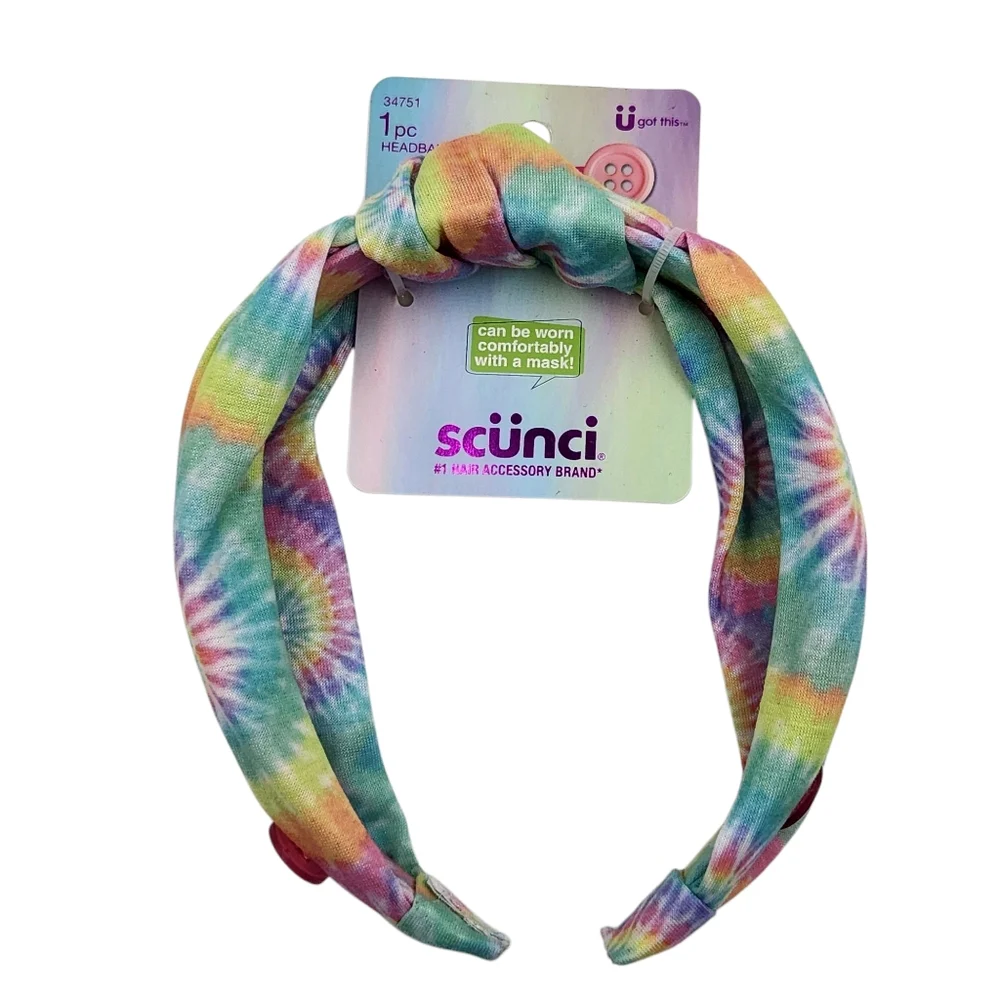 Scunci U Got This‎ Headband with Buttons for Mask 3 Pcs Multicolor Tie Dye Set